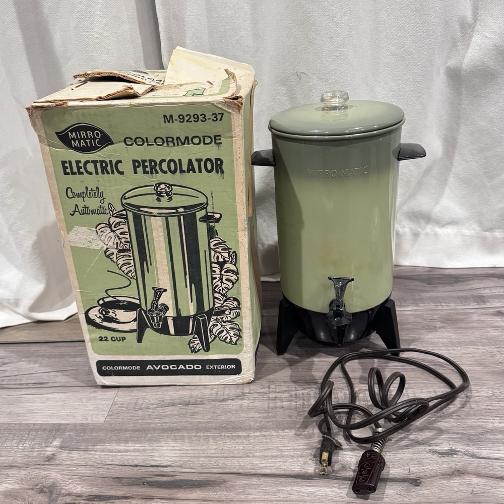 MCM Avocado Electric Percolator Coffee Pot 22 cup Used Working Mirro Matic Box
